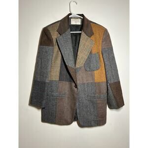 VTG International Scene Women's Brown Gray Patchwork Wool Blazer Jacket 7/8 EUC